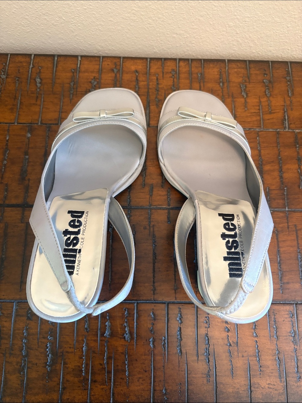Unlisted by Kenneth Cole Silver Slingback Sandal Heels with Bow Detail - Picture 5 of 11